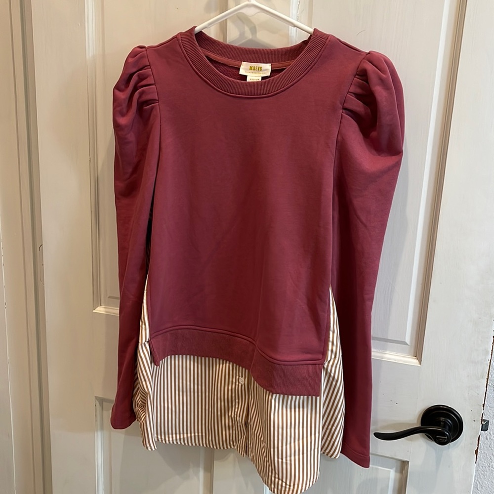 Anthropologie Maeve layered puff sleeve pink tunic sweatshirt.